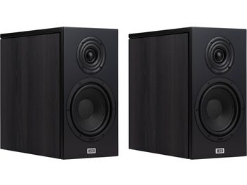 Boekenplankluidsprekers Heco AURORA XT 300 donker eiken, voor- en zijaanzicht, 2 ronde zwarte luidsprekers op het voorpaneel