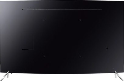 Sort Samsung UE43KS7500 fladskærms-TV, set forfra, slukket, på sølvfarvet metalstander