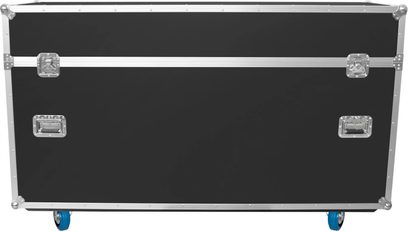 Power Acoustics Flight 4 écrans 50/65 ekran taşıma kasası, gümüş renkli takviyeler ve mavi tekerleklerle siyah renkte