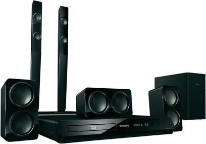 Philips HTS3583 sort hjemmebiografsystem med 2 højttalertårne, 2 kompakte højttalere, 1 centerhøjttaler og 1 subwoofer