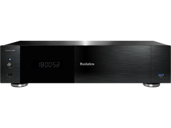 R_volution Play Pro 8K TV Medienplayer in Schwarz aus gebürstetem Metall, Frontalansicht mit zentralem Display und USB-Anschluss