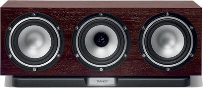 Centrální reproduktor Tannoy Revolution XT C ořech, 3 černé kruhové reproduktory na tmavě žilkovaném dřevěném čele