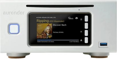 Aurender ACS100 hi-fi-cd-afspiller i hvid, set forfra, farve-rippeskærm og USB-port