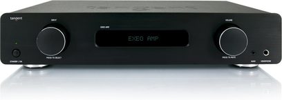 Tangent EXEO Amp sort hi-fi stereforstærker, frontvisning, display med "EXEO AMP", knapper og stik på forsiden
