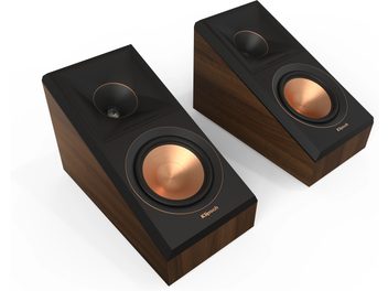 Divas Klipsch RP-500SA II Dolby Atmos skandas rieksta koka korpusā ar melnu priekšpusi un zeltītiem skaļruņiem