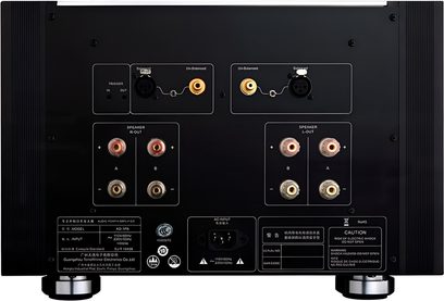 Hi-fi effektforstærker Tonewinner AD-PA+ sølv set bagfra med højttalerterminaler og RCA/XLR-indgange