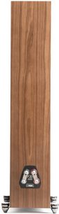 Cassa a colonna Motion F20 con finitura in legno vista da dietro, connettori neri e rossi in basso, piedini metallici visibili