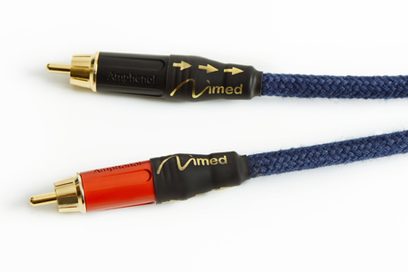 Analogový audio kabel RCA Nimed RCA PRO B 1,5M, pozlacené RCA konektory, modrý opletený plášť, pohled shora