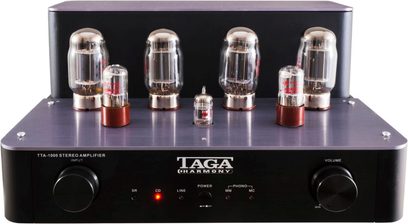 Hi-fi lampový zesilovač Taga Harmony TTA-1000 černý, pohled zepředu. 7 elektronkových trubic, ovládací knoflíky a konektory na čelním panelu v černém šasi