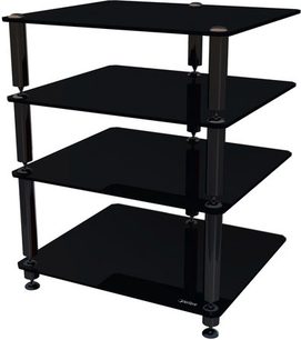 Norstone Bergen 2 sort hi-fi møbel, 4 glashylder, metalramme og -ben, set forfra