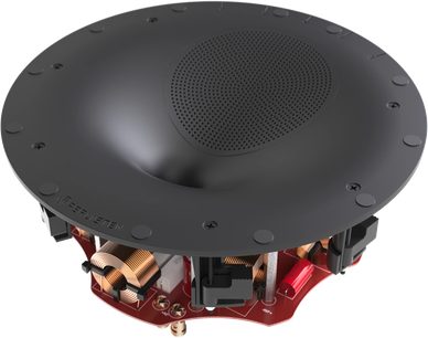 Indbygningshøjttaler til loft Perlisten R2ic, set fra vinkel, sort perforeret cirkulær front, interne komponenter synlige