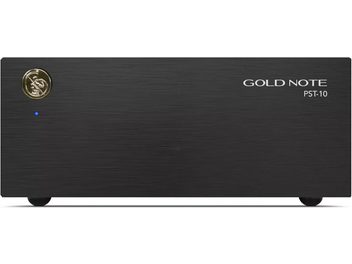 Separat hi-fi-strømforsyning Gold Note PST-10, sort børstet front med rundt gyldent logo til venstre og blå LED-indikator