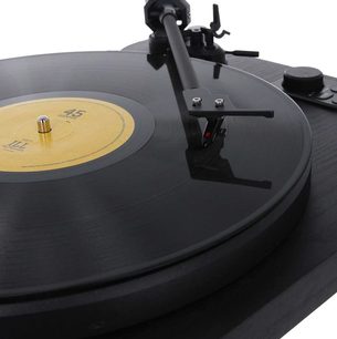 Enova HIFI Vision 2 SET sort pladespiller, tonarmen med pickup, mat sort pladedrev, tæt trekvartersperspektiv