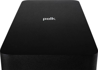 Μαύρο υπογούφερ Polk Audio SUB React, άποψη από πάνω, κυβικό σχήμα, ασημένιο λογότυπο στο κέντρο