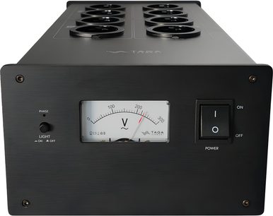 Condizionatore di rete Taga Harmony PC-5000 nero, metallo spazzolato, vista frontale con parte superiore, voltmetro e interruttore, 8 prese