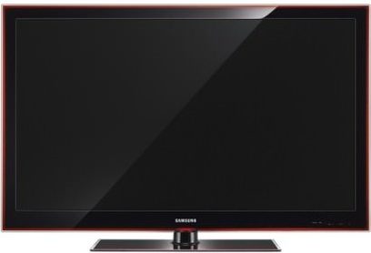 Samsung LE52A856 fladskærms-TV slukket, 52 tommer sort blankskærm, mørkerød ramme, rektangulær metalfod