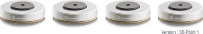 Quattro contropunte Lehmann Audio 3S Point 1 in argento, viste dall'alto, disposte fianco a fianco su sfondo bianco