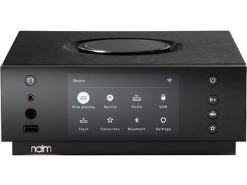 Προενισχυτής ακουστικών Naim Audio Uniti Atom Headphone Edition σε μαύρο χρώμα, μπροστινή πρόσοψη με μεγάλη έγχρωμη οθόνη, υποδοχές ακουστικών και USB