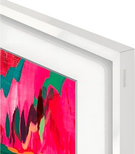 Moldura Samsung The Frame 65 polegadas branca em metal fosco, vista em ângulo do canto superior direito com borda interna chanfrada e logotipo gravado na lateral