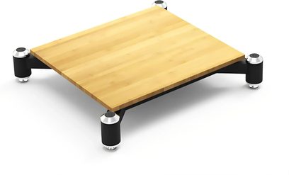 Rektangulärt bambuhyllplan på svarta cylindriska ben, sett ovanifrån i lätt stupad vinkel, Norstone Design Spider bambubas