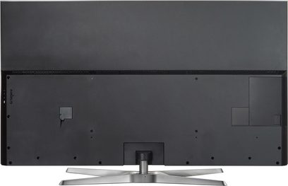 Panasonic TX-75FX780 sort fladskærms-TV, set forfra, med sort skærm og sølvfarvet V-formet metalstativ