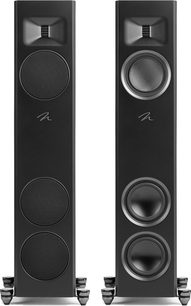 Sloupové reproduktory MartinLogan Motion F10 v černé lakové úpravě, pohled zepředu, na jednom jsou vidět dva kruhové reproduktory, na druhém jsou zakryté.