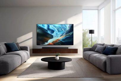 Samsung TQ77S92H fladskærms-tv til vægmontering i en moderne stue, set forfra med tynde kanter