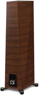 Paradigm Founder 100F floorstanding speaker in walnut finish, front view, with dark wood cabinet, black grille, and metal feet