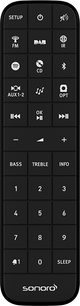 Télécommande noire Sonoro Prestige pour système tout en un, touches radio CD Bluetooth Spotify et pavé numérique