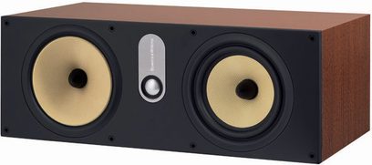 Mørk træ Bowers & Wilkins HTM61 center højttaler, front med to gyldne højttalere og en sølvfarvet diskant