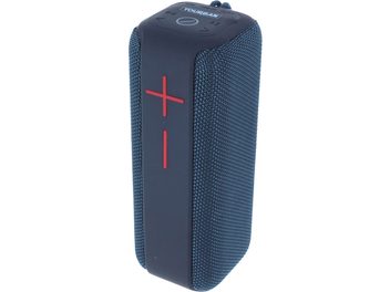 Enceinte bluetooth Yourban Getone 40 bleu, vue en angle, forme rectangulaire, tissu bleu, boutons rouges sur panneau noir
