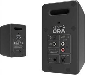 Set Kanto ORA matzwarte draadloze luidsprekers, rechthoekige kunststof behuizingen met afgeronde hoeken, voorzien van een langwerpige opening aan de bovenkant en een achterpaneel met RCA-, USB-, sub out- en speaker out-aansluitingen, driekwart achteraanzicht