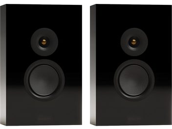 Pair of Monitor Audio Silver On-Wall 8G gloss black wall-mounted speakers, front view with visible drivers