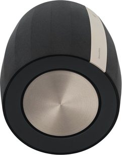 Bowers & Wilkins Formation Bass sort og sølv subwoofer, set forfra i let nedadgående vinkel, cylindrisk form