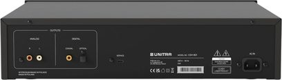 Lecteur CD Unitra CSH-801 noir, boîtier en métal, dos avec sorties RCA L/R, coaxiale et optique, USB-C service, prise IEC