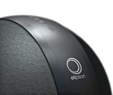 Trådløs tilsluttet højttaler Elipson Planet W35+, nærbillede af det børstede metallogo på den matte sorte overflade