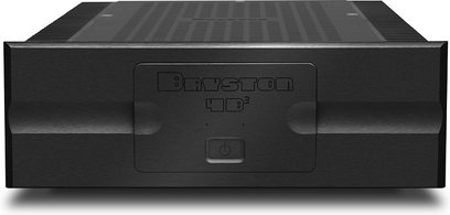 Amplificator de putere high-fidelity Bryston 4B³, vedere frontală, carcasă dreptunghiulară neagră, buton de alimentare central