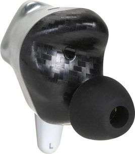 Écouteur intra-auriculaire Bluetooth Hifiman Svanar Wireless en gros plan trois-quarts, coque noire en fibre de carbone tressée et aluminium gris, fût blanc marqué L, embout en mousse noire