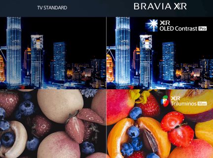 Comparaison de deux images de gratte-ciel et de fruits, à gauche couleurs ternes, à droite couleurs vives et contrastées