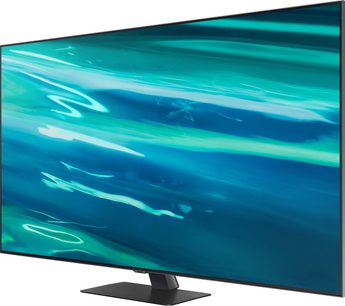 Televizor Samsung QE65Q80A 2021 s plochou obrazovkou, zobrazený zepředu, na displeji abstraktní tvary v tyrkysově modré barvě