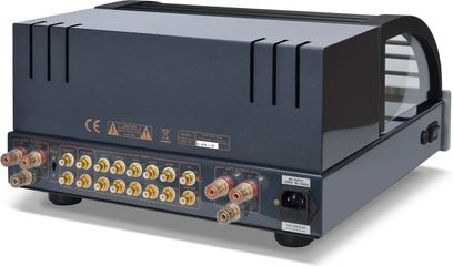 PrimaLuna Evo 300 sudraba integrētais vakuuma lampu pastiprinātājs, skats no priekšpuses, melna fasāde ar zeltītiem pogām un redzamām vakuuma lampām