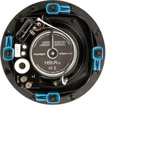 Cassa acustica da incasso a soffitto H55-R v2, vista posteriore circolare, componenti neri e blu, connettori dorati, cablaggio visibile