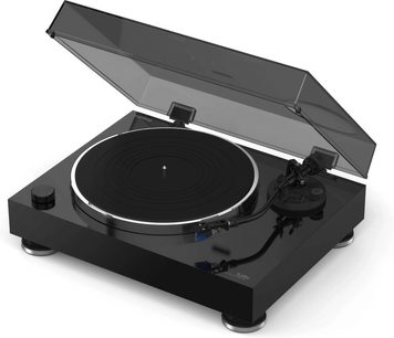 Hi-fi platenspeler Reloop TURN X zwart, bovenaanzicht, transparante stofkap open, toonarm zichtbaar