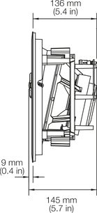 Bowers & Wilkins CCM818 indbygningshøjttaler til loft, teknisk diagram med dimensioner i millimeter og tommer