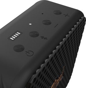 Altoparlante Bluetooth Klipsch Austin nero visto dall'alto, 4 altoparlanti, pulsanti di controllo, griglia metallica