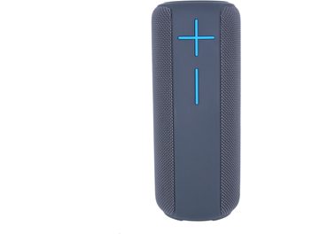 Enceinte bluetooth Yourban Getone 30 grise MK2, vue de face, forme cylindrique, boutons volume bleu, surface texturée