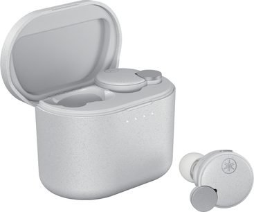 Yamaha TW-E7B trådløse in-ear hovedtelefoner i hvid med et glimmerbelagt hvidt opladningsetui