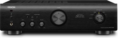 Denon PMA-520AE black stereo hi-fi amplifier, front panel, controls, blue display, headphone jack, understated style