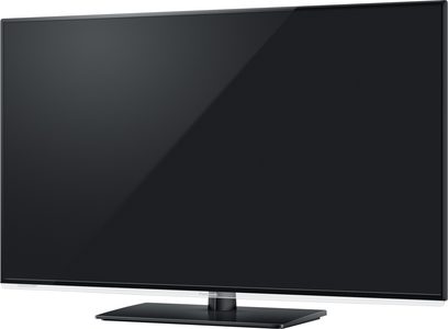 Sort fladskærms-TV fra Panasonic, model TX-L42E6EK, med rektangulær sort fod, set forfra med skærmen slukket