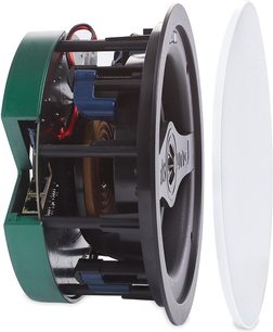 Inbouwplafondluidspreker ArtSound SMART IN SET, zijaanzicht, zwarte cirkelvormige structuur, zichtbare interne componenten, witte rooster losgemaakt